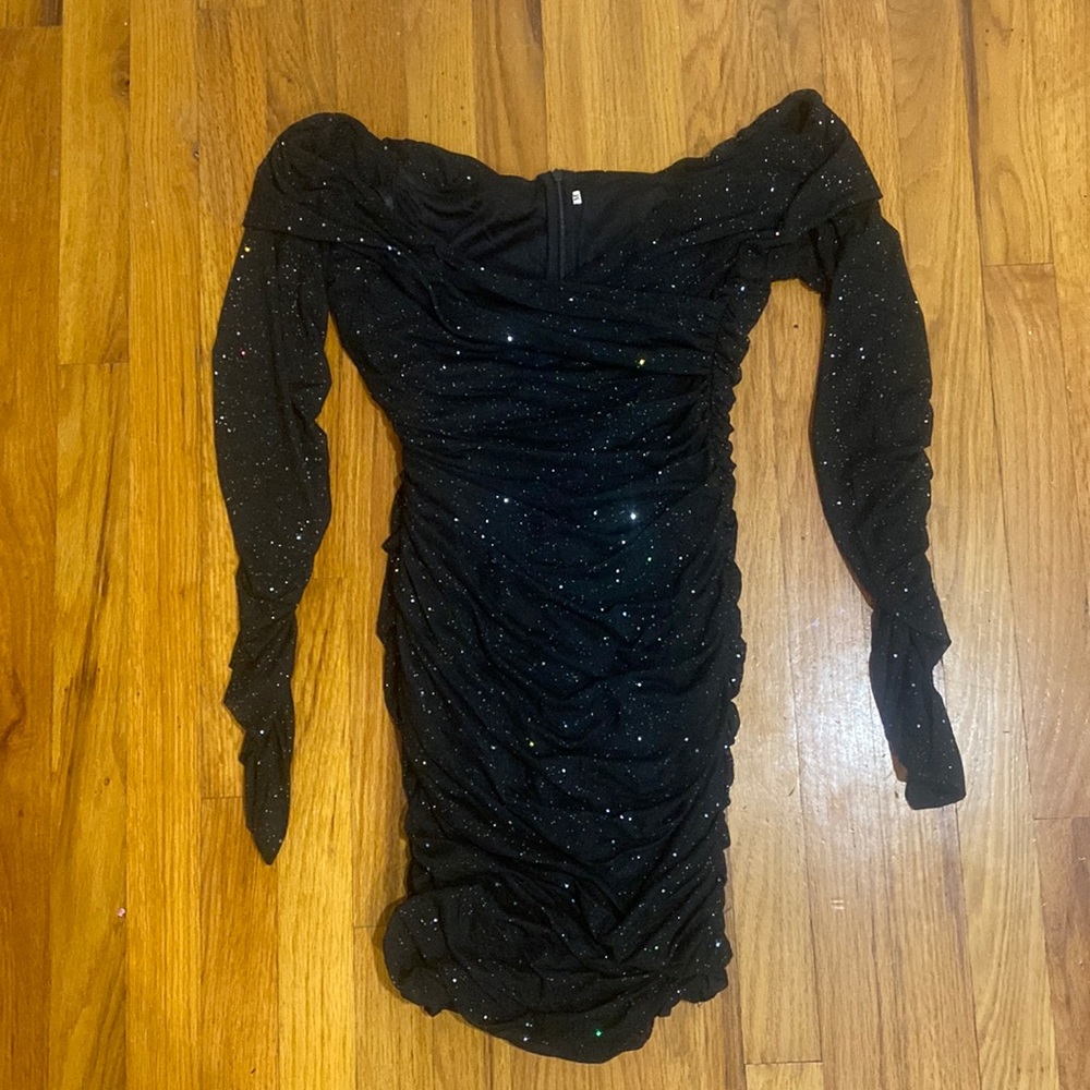Dress Me Zee off the shoulder black sparkly mesh mini dress